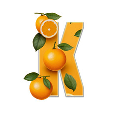 orange abstract alphabet letter fruit K. Paper cut illustration of letter "K" on white isolated