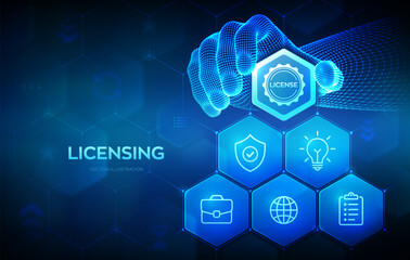 Licensing. License agreement. Copyright protection law license property rights. Business technology concept. Wireframe hand places an element into a composition visualizing Licensing. Vector.