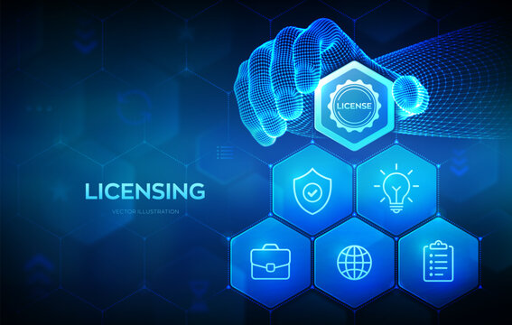 Licensing. License agreement. Copyright protection law license property rights. Business technology concept. Wireframe hand places an element into a composition visualizing Licensing. Vector.