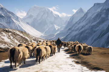 Fototapeta premium A man is leading sheep in the snow with mountain mountains in the background