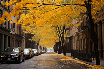 A street in new york city with golden leaves fall foliage