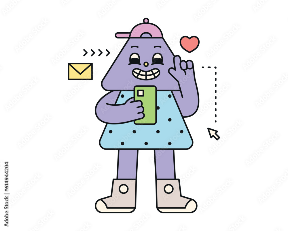 Poster cute abstract shapes characters. the young generation of the triangle is holding and using a smartph