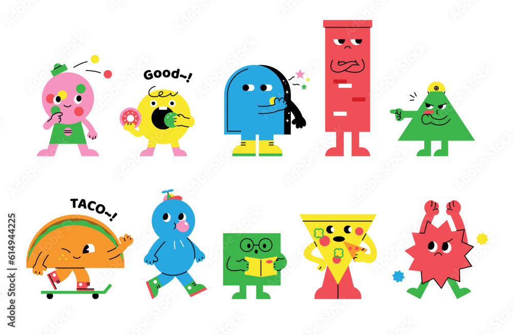 Poster cute abstract shapes characters. the basic shapes of various objects.