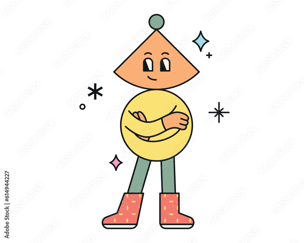Poster cute abstract shapes characters. a circular sector and circular character is standing like a model.