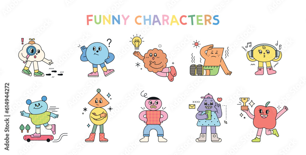 Aufkleber cute abstract shapes characters express various emotions and actions.