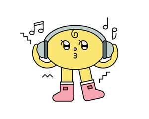 Cute abstract shapes characters. The oval is wearing a headset and listening to upbeat music.