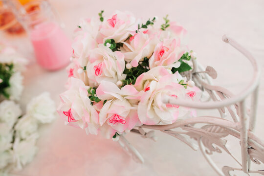 Beautiful wedding table decoration with flowers. Selective focus and toned image.