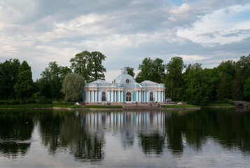 View of the Grotto Pavilion on the shore of the Large pond in the Catherine Park of Tsarskoye Selo...