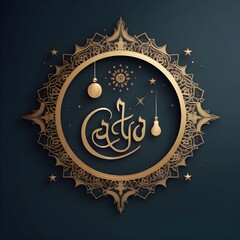 Eid Mubarak islamic vector greeting gold crescent and arabic calligraphy. 