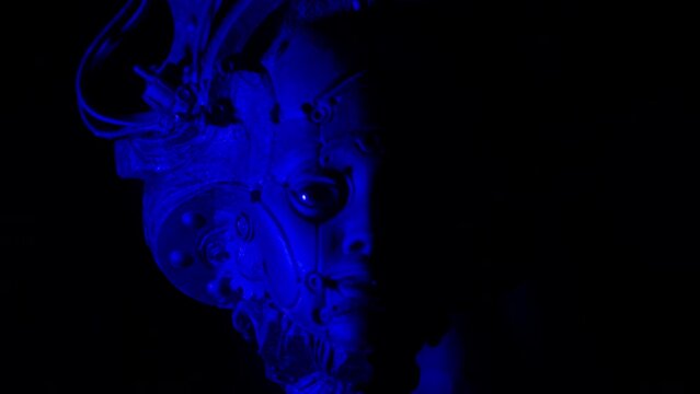 Dramatic retro futuristic humanoide face sculpture, loop view, 4K