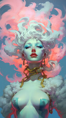 Generative AI 3d illustration of a beautiful girl with white hair and pink smoke