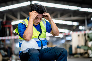 Senior man workers feel tired from hard work in a repaired mechanic workshop manufacture, weak, hopeless, burned out, Fired Unemployed Feeling Stressed.