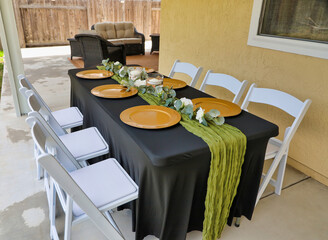 Backyard small gathering party table setting, party rental concept.  - obrazy, fototapety, plakaty