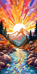 Generative AI Mountain landscape with river and sun. Vector illustration