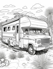 Camper car on the beach. Vector illustration for coloring book.