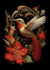 Obraz premium Generative AI Illustration of a hummingbird with red flowers on a black background