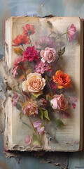 Generative AI Still life with an old book and a bouquet of colorful flowers