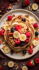 Generative AI Plate of pancakes with fresh berries, banana and honey on dark background