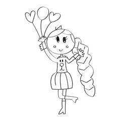 Cute cartoon character. Girl smiling and holding balloons drawing in doodle line art style. Cute little girl with balloons. Vector illustration for coloring book.