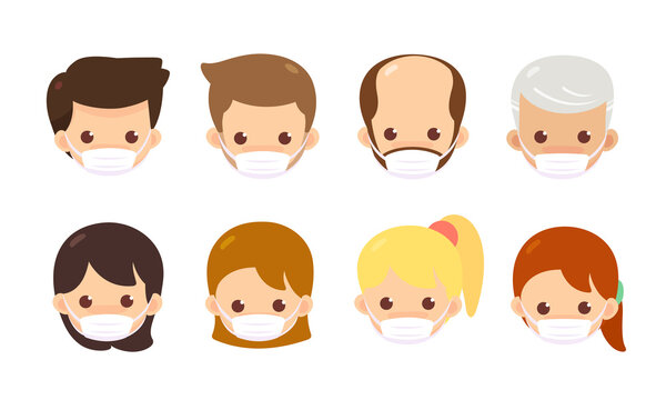 Various age faces wear masks to protect against the flu or covid-19. Cute cartoon people wearing medical masks over white backgrounds. colorful design. vector illustration.
