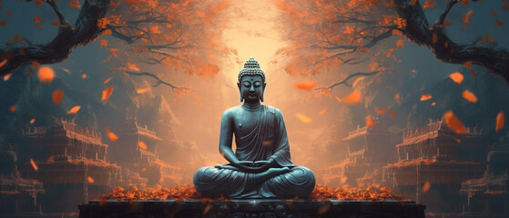 Generative AI Buddha statue in the forest. 3D illustration. Panorama - obrazy, fototapety, plakaty