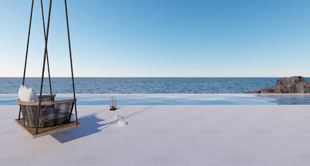 Beach houses  by the pool only and the swing sees the pool near the sea and the sky. Suitable for relaxation 3D luxury sea view Santorini island style.