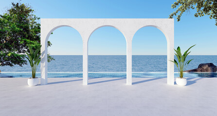 Beach houses hotel resort by the pool only and the arches architecture sees the pool near the sea and the sky. Suitable for relaxation, 3D luxury sea view Santorini island style.