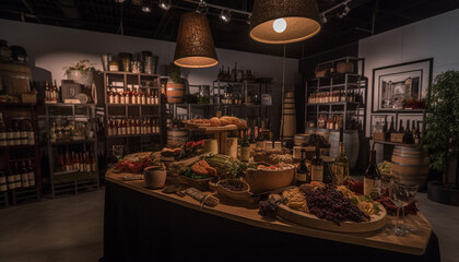 Abundance of fresh fruit and wine decorate modern kitchen shelf generated by AI