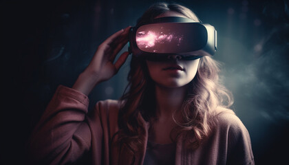 Fototapeta na wymiar A futuristic young woman enjoys virtual reality simulator technology indoors generated by AI