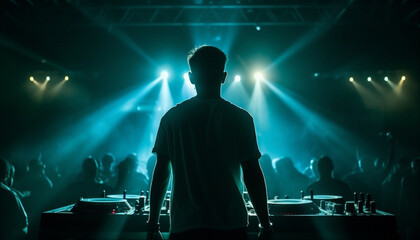 Rock musician silhouetted in blue spotlight playing guitar at nightclub generated by AI