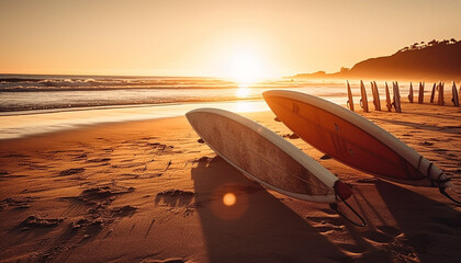 Fototapeta premium Surfboard on golden sand, waves crash at sunset, pure beauty generated by AI