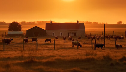A tranquil sunset over a rural farm with grazing cattle generated by AI