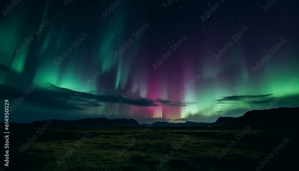 Poster silhouette of majestic mountain range illuminated by vibrant aurora polaris generated by ai