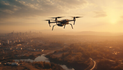 Fototapeta na wymiar A digitally generated image of a drone hovering mid air filming city life generated by AI