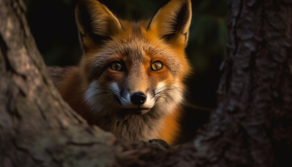 Fototapeta premium Red fox, a cute mammal, looking at camera in wilderness generated by AI