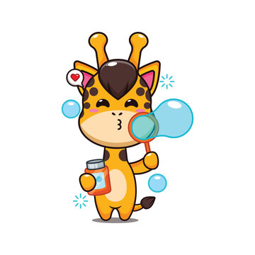 giraffe blowing bubbles cartoon vector illustration.
