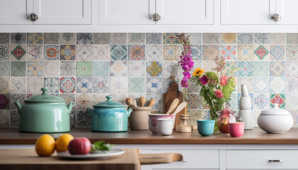 Fototapeta na wymiar Modern kitchen design with fresh flowers and healthy cooking utensils generated by AI