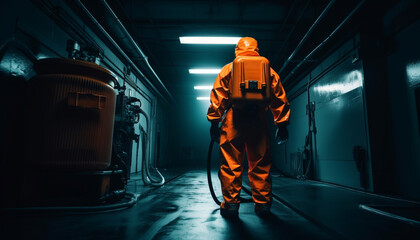 Obraz na płótnie Canvas One man in protective workwear standing in dark factory generated by AI