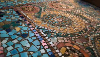 Ornate mosaic flooring showcases vibrant colors and geometric shapes indoors generated by AI