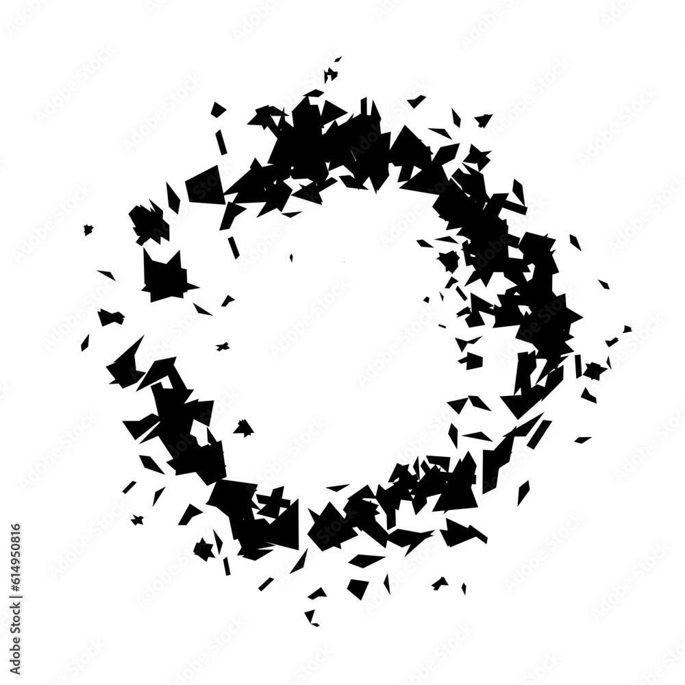 Aufkleber Debris and shatters in circle shape. Black broken pieces, specks, speckles and particles. Abstract explosion and burst textured element. Vector frame illustration 