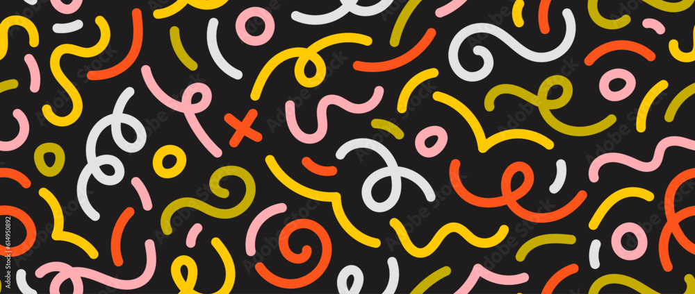 Aufkleber Colorful doodle seamless pattern. Abstract squiggle line repeating background. Simple scribbles, spirals and shapes wallpaper. Textile or fabric print design swatch. Vector backdrop.