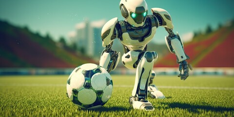A close-up football robot to play competitive football on an artificial football pitch. people on blurred background