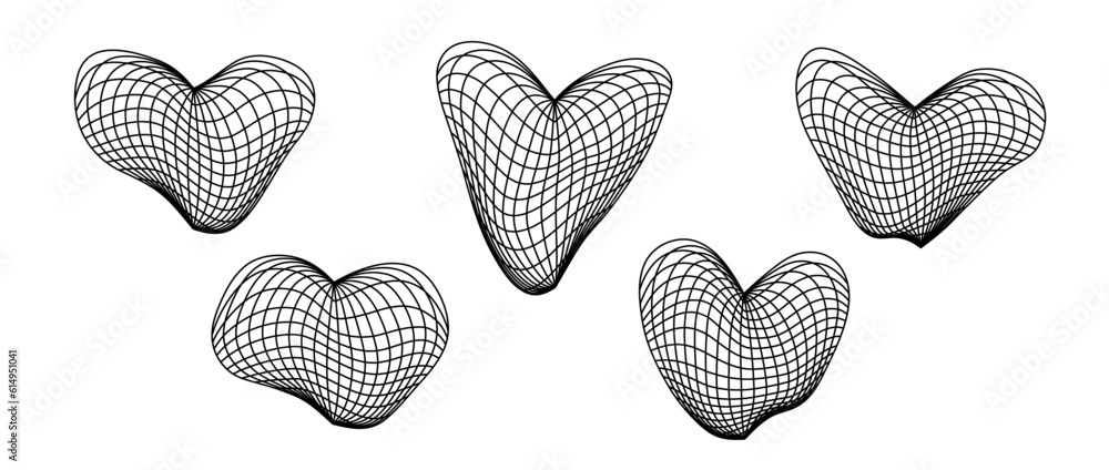 Poster distorted wireframe heart shapes set. wrap grid design elements. love and romantic or cardiology con