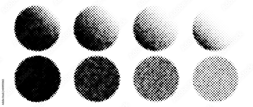 Poster Halftone circles shapes set. Dotted textured spheres collection. Round fading gradient in comic and pop art style. Black spotted design elements bundle. Vector background pack 