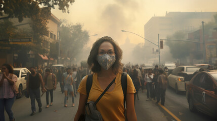 People Wearing Medical Masks, Respiratory Protection Against PM2.5 Air Pollution. Smog City With Bad Weather pm2.5 city air Pollution Concept. generative ai - obrazy, fototapety, plakaty