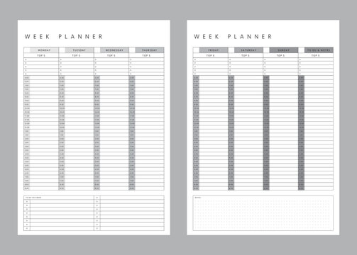 Week Planner MON-SUN. (black) Minimalist planner template set. Vector illustration.