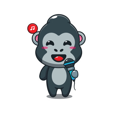 gorilla holding microphone cartoon vector illustration.