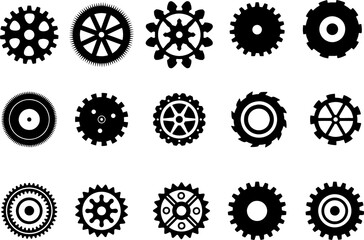 set of realistic gear, cog and bicycle stars. Collection of profiled wheels with teeth that engages with a chain. Mechanical icons in high resolution on white background.
