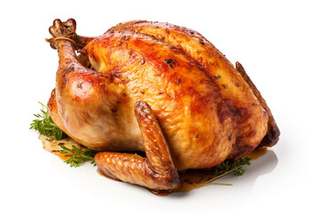 Whole roasted chicken on a white background. Grilled chicken. Ai generative.