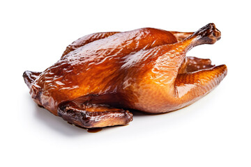 Whole roast duck on a white background. Grilled pecking duck. Ai generative.